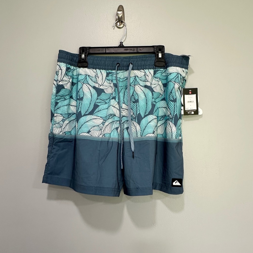 Quiksilver Mens XL Blue‎ Shadow Leaf Pattern Swim Trunks Board Shorts